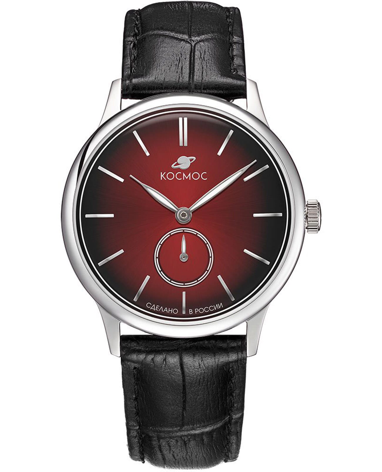 Космос Космос Сириус K 021.11.35  K 021.11.35 кварцевые мужские часы красный циферблат, браслет кожаный — вид спереди